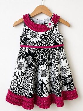 Rare Editions 24M Black White Floral Girls Dress Pink Ruffle Boutique Style